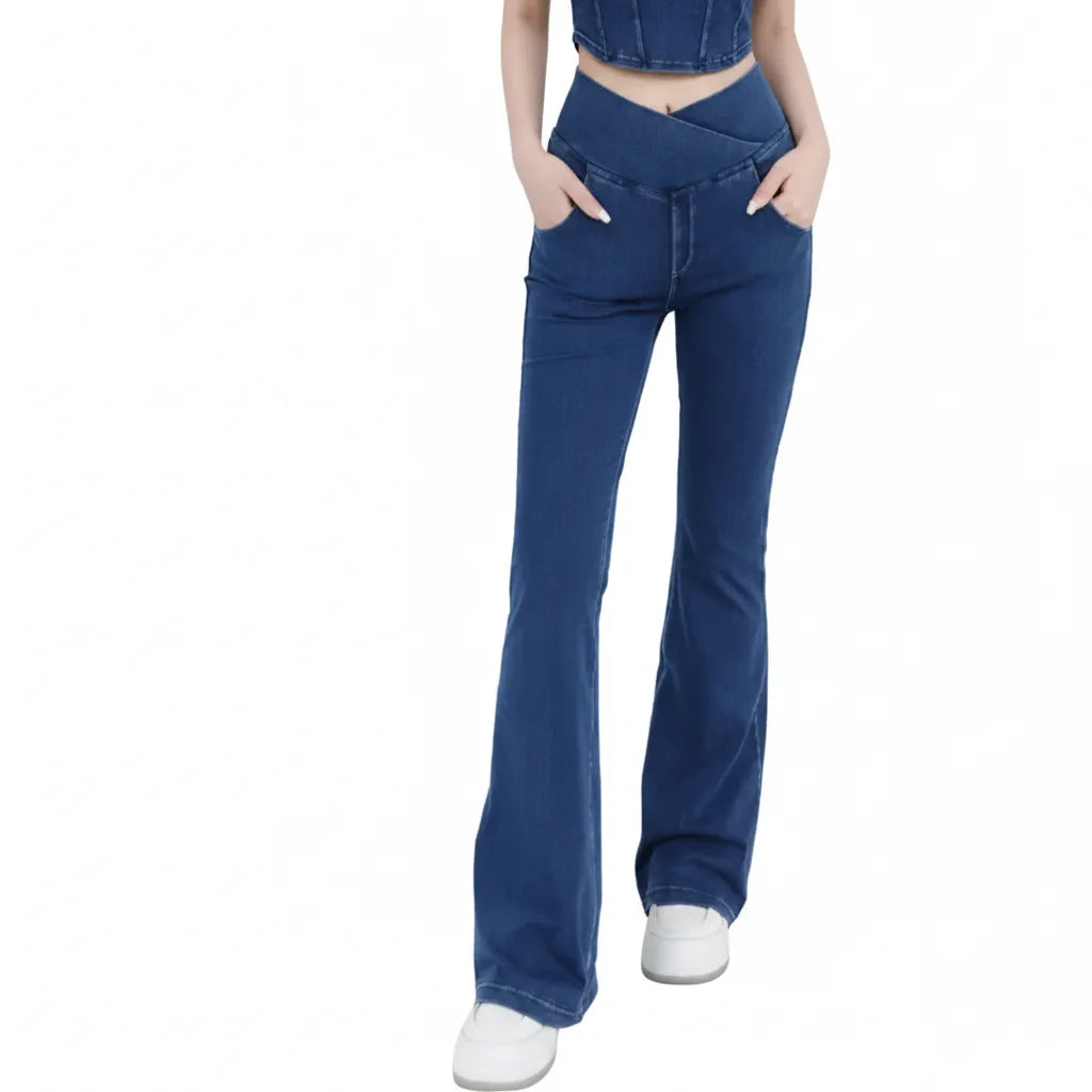 Pantalon femme évasé taille haute stretch 4 voies en denim